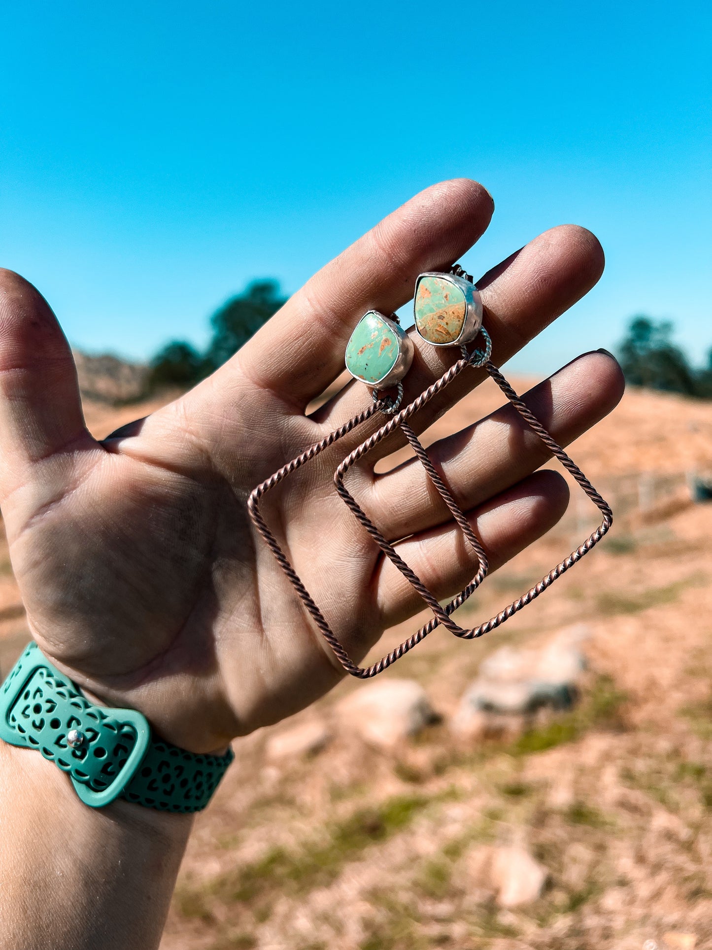 Kingman Turquoise & Twisted Copper Square Hoops.