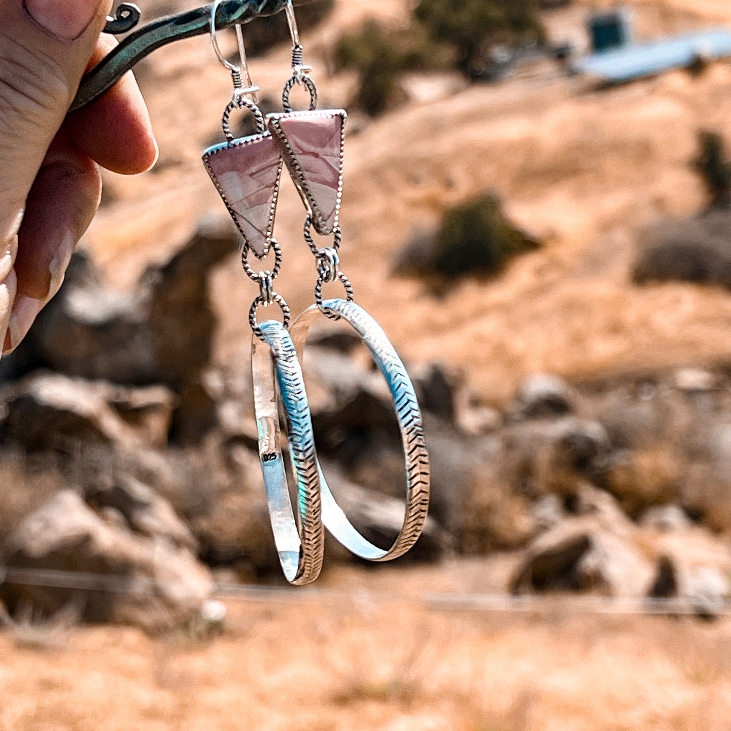 Australian Opal & Hand Stamped Herringbone Hoops