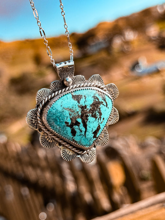 Hand Stamped Silver & Turquoise Necklace