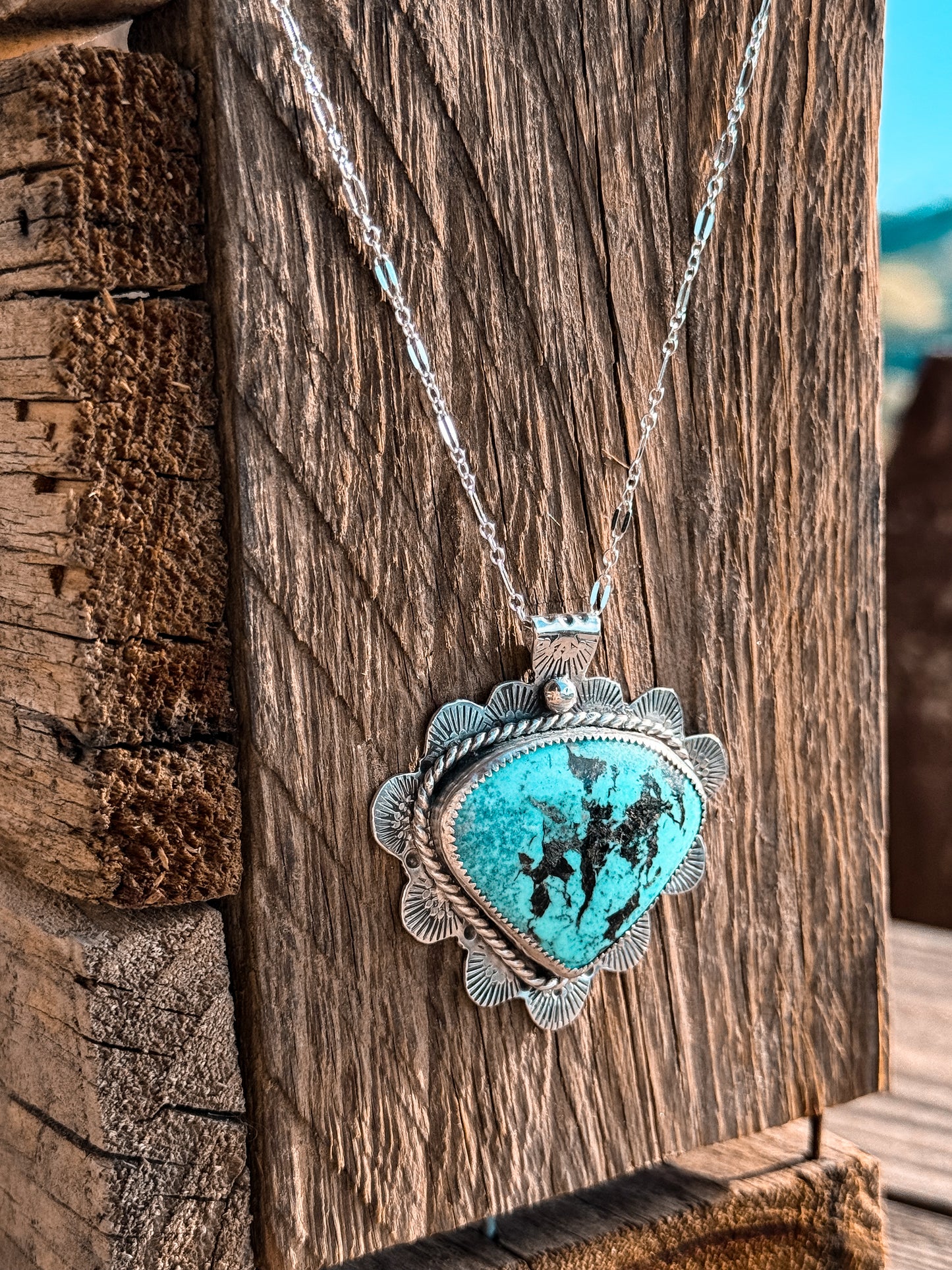 Hand Stamped Silver & Turquoise Necklace