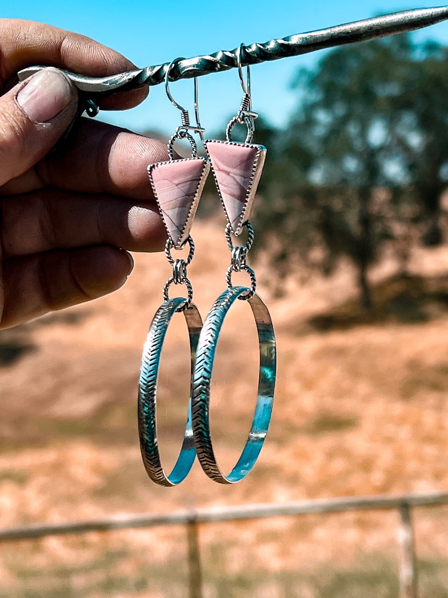 Australian Opal & Hand Stamped Herringbone Hoops