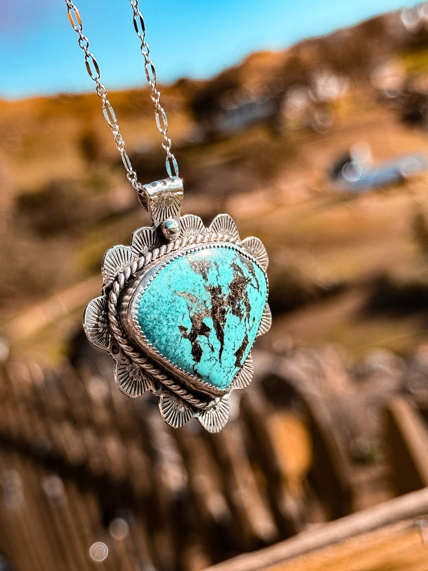Hand Stamped Silver & Turquoise Necklace